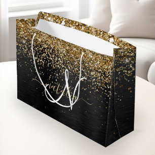 Custom Gold Glitzer Black Sparkgram Monogram Große Geschenktüte