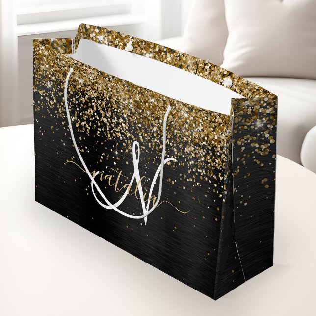 Custom Gold Glitzer Black Sparkgram Monogram Große Geschenktüte (Von Creator hochgeladen)