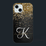 Custom Gold Glitzer Black Sparkgram Monogram iPhone 15 Hülle<br><div class="desc">Dieses elegante und elegante Handy-Gehäuse mit hübschem vergoldeten Glitzer auf schwarz gebürstetem metallischem Hintergrund ist einfach zu personalisieren.</div>