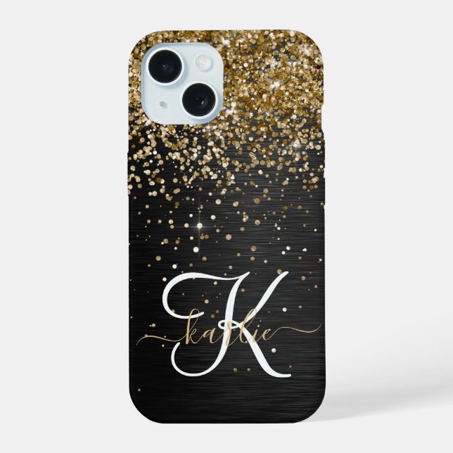 Custom Gold Glitzer Black Sparkgram Monogram iPhone 15 Hülle (Rückseite)