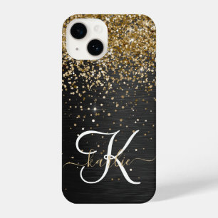 Custom Gold Glitzer Black Sparkgram Monogram iPhone 14 Hülle