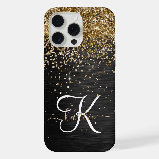 Custom Gold Glitzer Black Sparkgram Monogram iPhone Hülle (Rückseite)