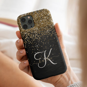 Custom Gold Glitzer Black Sparkgram Monogram iPhone 14 Pro Hülle