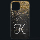 Custom Gold Glitzer Black Sparkgram Monogram iPhone 12 Pro Max Hülle<br><div class="desc">Dieses elegante und elegante Handy-Gehäuse mit hübschem vergoldeten Glitzer auf schwarz gebürstetem metallischem Hintergrund ist einfach zu personalisieren.</div>
