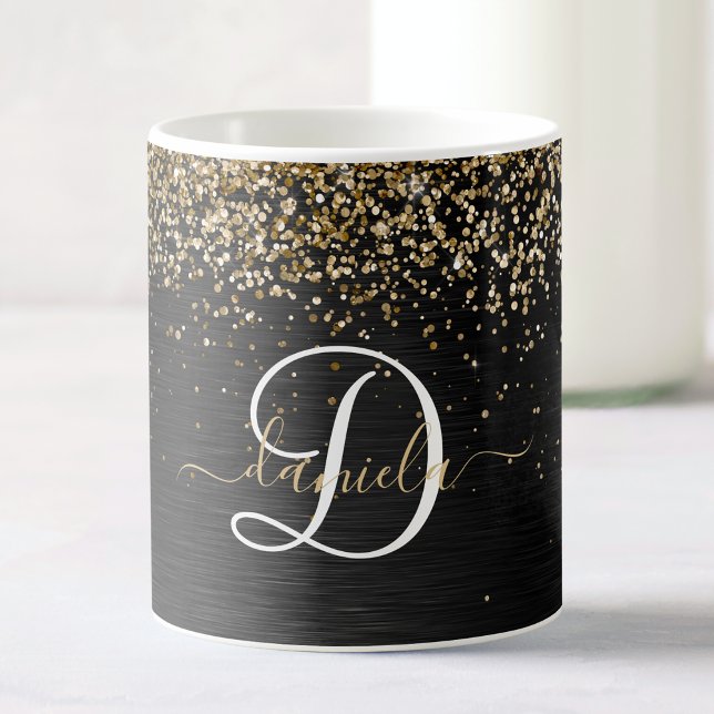 Custom Gold Glitzer Black Sparkgram Monogram Kaffeetasse (Von Creator hochgeladen)