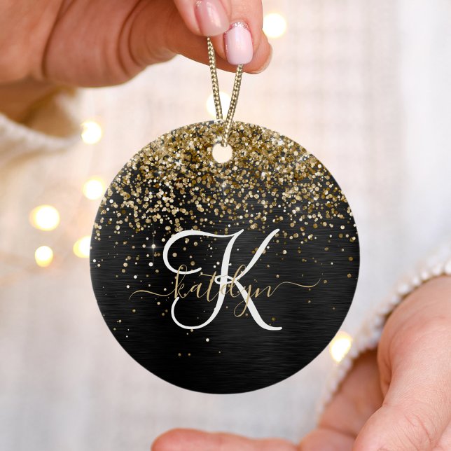 Custom Gold Glitzer Black Sparkgram Monogram Keramik Ornament (Von Creator hochgeladen)