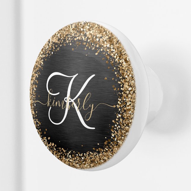 Custom Gold Glitzer Black Sparkgram Monogram Keramikknauf (Von Creator hochgeladen)