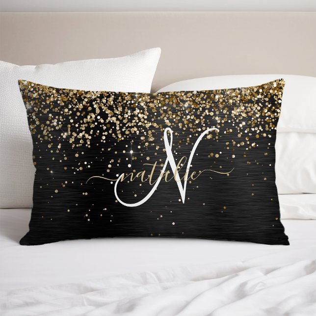 Custom Gold Glitzer Black Sparkgram Monogram Kissenbezug (Von Creator hochgeladen)