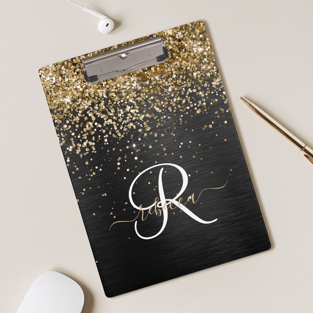 Custom Gold Glitzer Black Sparkgram Monogram Klemmbrett (Von Creator hochgeladen)