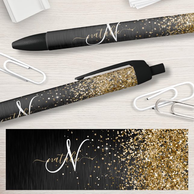 Custom Gold Glitzer Black Sparkgram Monogram Kugelschreiber (Von Creator hochgeladen)