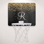Custom Gold Glitzer Black Sparkgram Monogram Mini Basketball Netz<br><div class="desc">Dieses elegante Basketballkorb-Design mit hübschem goldglänzenden Glitzer auf schwarz gebürstetem metallischem Hintergrund ist einfach zu personalisieren.</div>