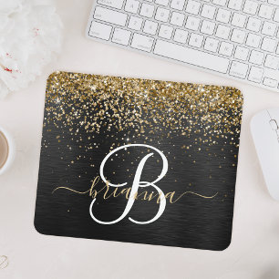 Custom Gold Glitzer Black Sparkgram Monogram Mousepad