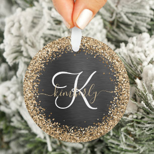 Custom Gold Glitzer Black Sparkgram Monogram Ornament