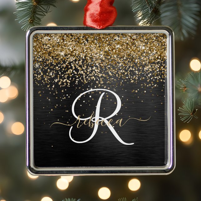Custom Gold Glitzer Black Sparkgram Monogram Ornament Aus Metall (Von Creator hochgeladen)