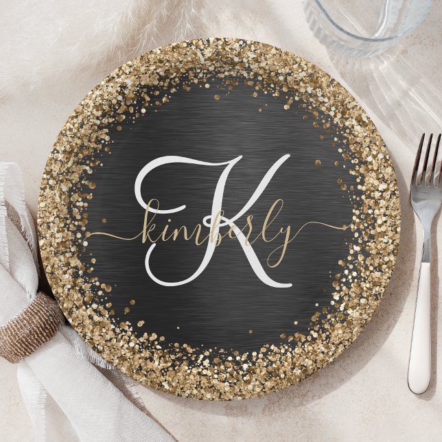 Custom Gold Glitzer Black Sparkgram Monogram Pappteller (Von Creator hochgeladen)