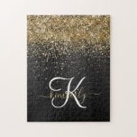 Custom Gold Glitzer Black Sparkgram Monogram Puzzle<br><div class="desc">Dieses trendige,  elegante Puzzle-Design mit hübschem goldglänzenden Glitzer auf schwarz gebürstetem metallischem Hintergrund ist einfach zu personalisieren.</div>