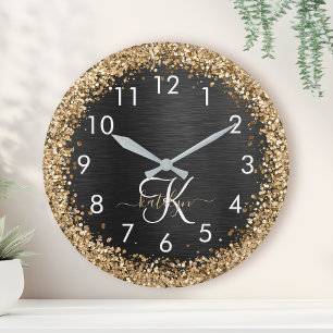Custom Gold Glitzer Black Sparkgram Monogram Runde Wanduhr