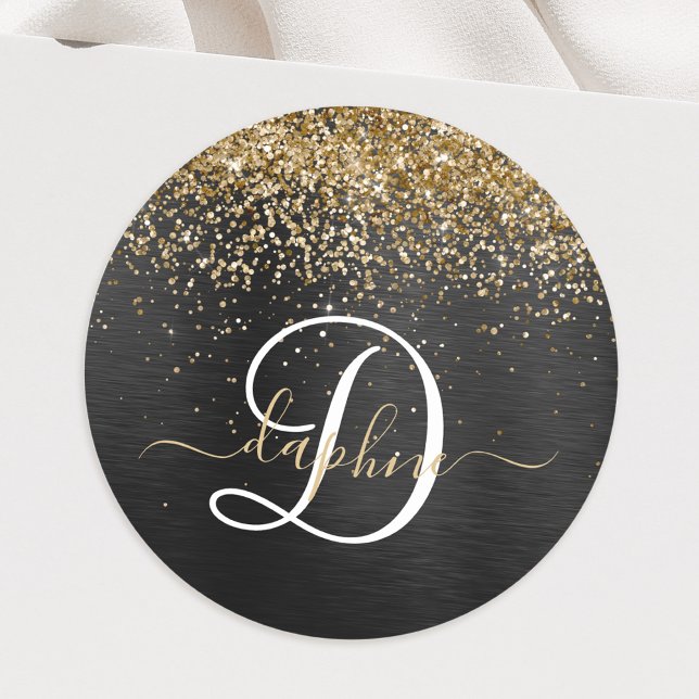 Custom Gold Glitzer Black Sparkgram Monogram Runder Aufkleber (Von Creator hochgeladen)