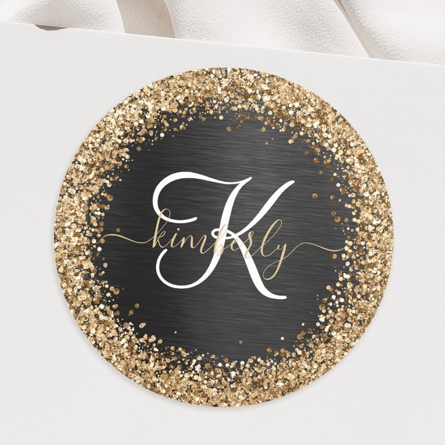 Custom Gold Glitzer Black Sparkgram Monogram Runder Aufkleber (Von Creator hochgeladen)