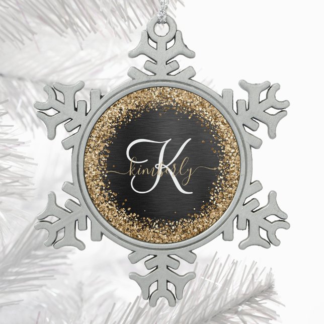 Custom Gold Glitzer Black Sparkgram Monogram Schneeflocken Zinn-Ornament (Von Creator hochgeladen)