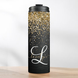 Custom Gold Glitzer Black Sparkgram Monogram Thermosbecher