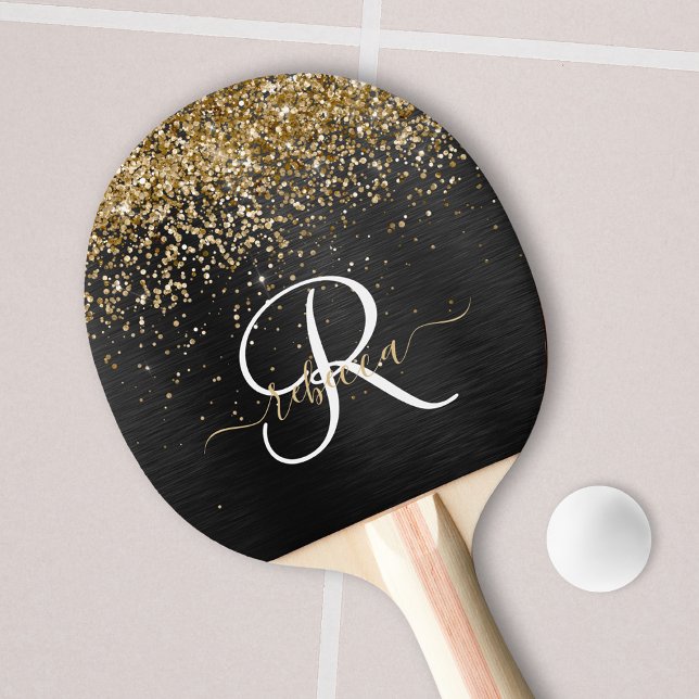 Custom Gold Glitzer Black Sparkgram Monogram Tischtennis Schläger (Von Creator hochgeladen)