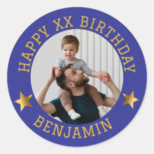 Custom Gold Happy Birthday Foto und Alter Name Cla Runder Aufkleber