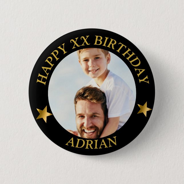 Custom Gold Happy Birthday Foto und Name des Alter Button (Vorderseite)