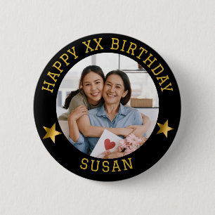 Custom Gold Happy Birthday Foto und Name des Alter Button