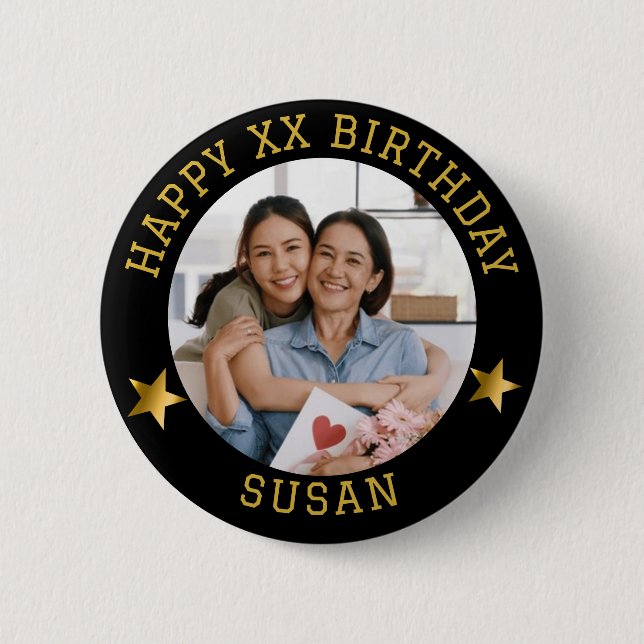 Custom Gold Happy Birthday Foto und Name des Alter Button (Vorderseite)