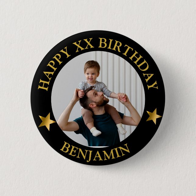 Custom Gold Happy Birthday Foto und Name des Alter Button (Vorderseite)