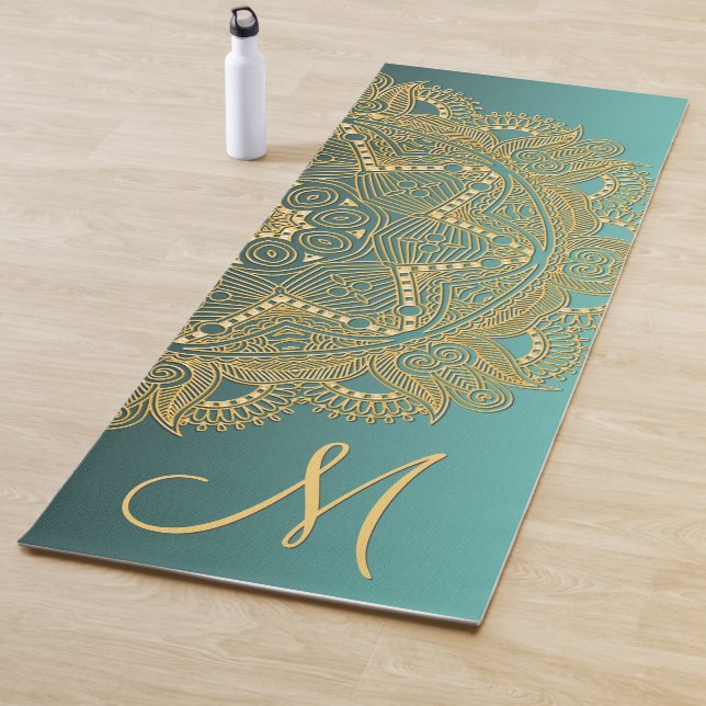 Custom Gold Mandala Art Muster auf Aquamarin Blue  Yogamatte (Beispiel)