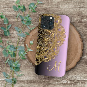 Custom Gold Mandala Art Muster auf rosa Lila iPhone 12 Pro Max Hülle