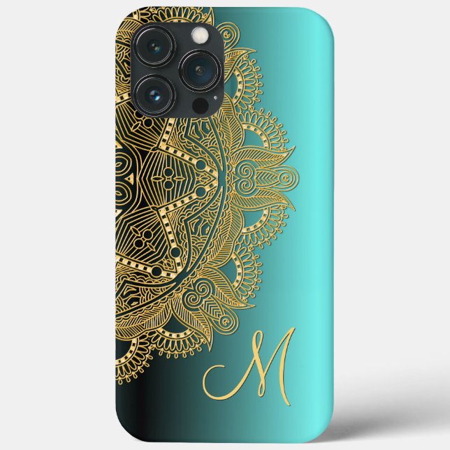 Custom Gold Mandala Art Pattern on Aqua Turquoise Case-Mate iPhone Hülle (Rückseite)
