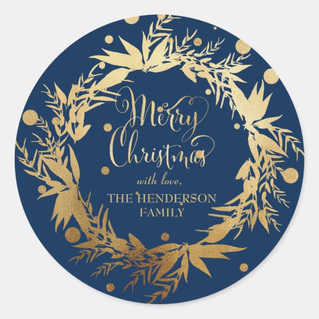 Custom Gold Navy Blue Christmas Eucalyptus Wreath Runder Aufkleber (Vorderseite)