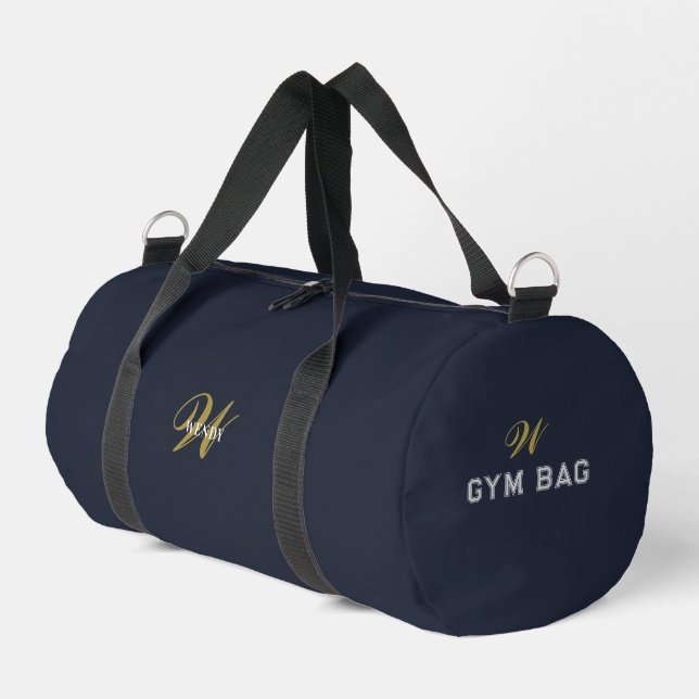 Custom Gold Navy Blue Monogram Initial Fitness Duffle Bag (Linke Seite)