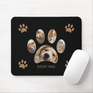 Custom Gold Paw Print Name Foto Collage Black Mousepad