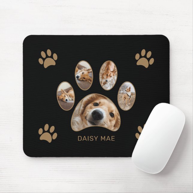 Custom Gold Paw Print Name Foto Collage Black Mousepad (Mit Mouse)