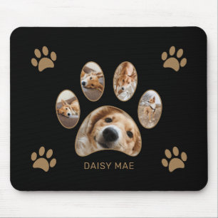 Custom Gold Paw Print Name Foto Collage Black Mousepad