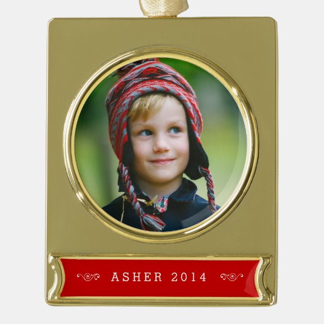 Custom Gold & Red Foto Ornament (Vorderseite)