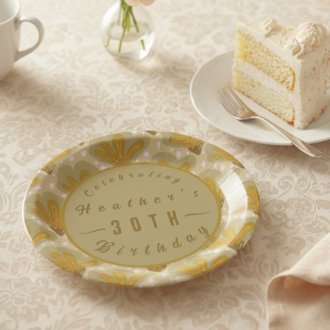 Custom Gold Watercolor Floral Pappteller (Perfectly elegant and cute for that afternoon tea birthday party. Customize it now.)