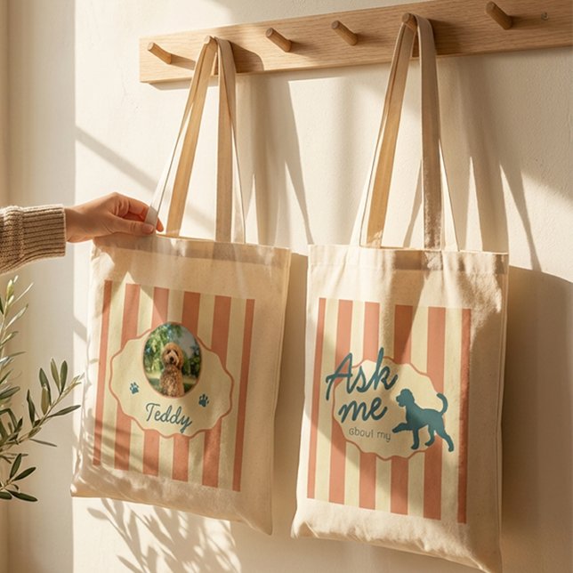 Custom Golden Doodle Photo Name Terracotta Stripes Tragetasche (Von Creator hochgeladen)