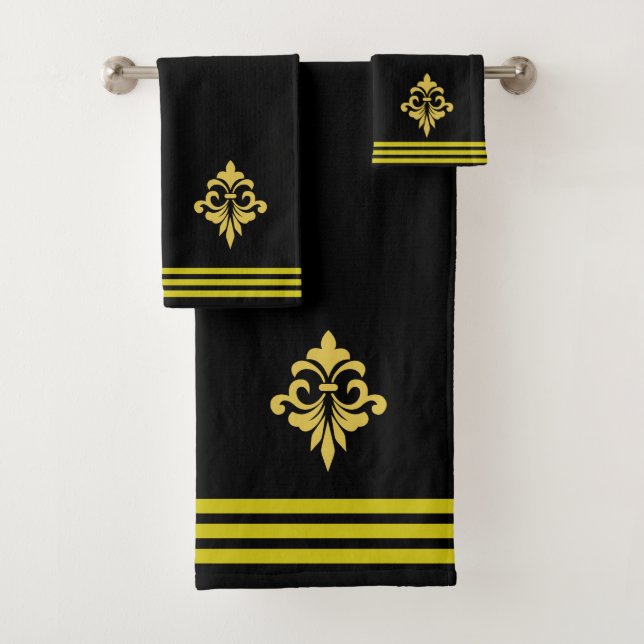 Custom Golden Fleur de Lis, Three Stripes on Black Badhandtuch Set (Insitu)