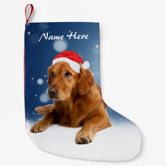 Custom Golden Retriever Dog Snow Stars Blau Himmel Kleiner Weihnachtsstrumpf (Vorderseite)
