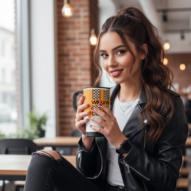 Custom Golden Yellow & Black Auto Race Strip Reisebecher (Von Creator hochgeladen)