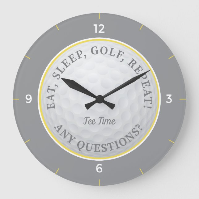 Custom Golf Ball Sport Golfer Zitat Grau & Gelb Große Wanduhr (Vorderseite)