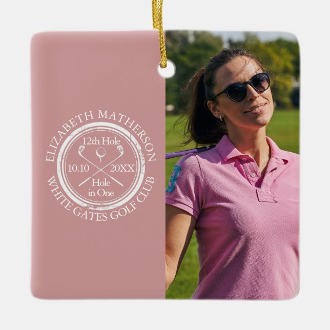 Custom Golf Hole in One Photo Golfer Pink Keramikornament (Vorderseite)
