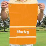 Custom Golfer Pro Sport Classic Name Modern Orange Golfhandtuch<br><div class="desc">Klassisches Design mit einer benutzerdefinierten Vorlage für Namen oder Text bis zu elf Buchstaben in modernem Skript und einem doppelten Rahmen. Skript und Rand sind in Weiß auf einem trendigen orangen Hintergrund. Die Farbe von Hintergrund und Schriftart lässt sich mit dem Zazzle-Design-Tool-Bereich leicht ändern. Stellen Sie sicher, dass Sie unsere...</div>