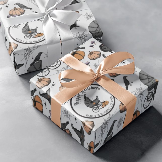 Custom Goth Gray Baby Carriage Halloween Geschenkpapier (Spooky yet Elegant Victorian Baby Carriage Custom Halloween Wrapping Paper. Hand-Drawn in Black Ink)