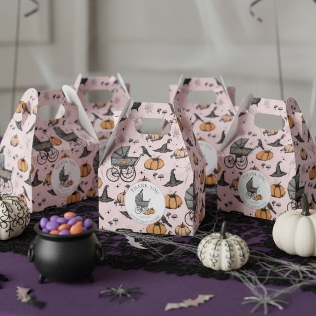 Custom Goth Pink Baby Carriage Halloween Geschenkschachtel (Cute Gothic Halloween Baby Shower Favor Boxes in Blush Pink. Spooky Vintage Baby Carriage, Pumpkins)
